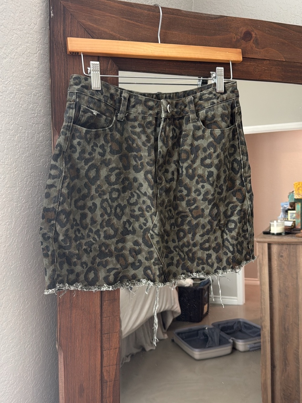 Umgee Olive Green Leopard Print Denim Mini Skirt